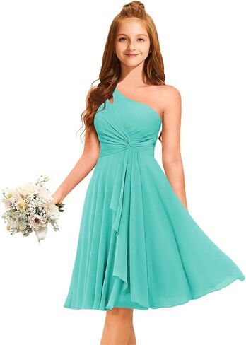 Short Junior Bridesmaid Dresses for Teen Girls Formal Dress Chiffon One Shoulder Pleated Flower Girl Dress A-Line Knee Length in Saudi Arabia