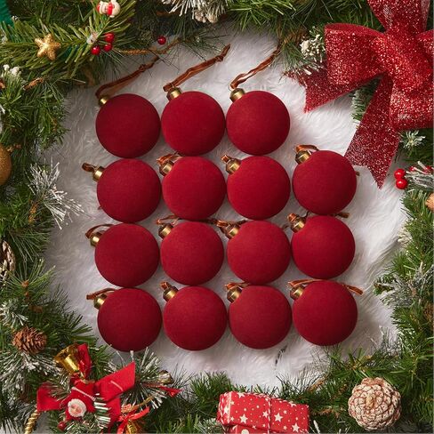 Brightown 15 Pcs Red Velvet Christmas Balls, 3.15 Inch Velvet Ornaments for Christmas Tree, Christma Tree Flocked Ornaments Balls for Family Holiday Wedding Party Xmas Hanging Decoration in Saudi Arabia