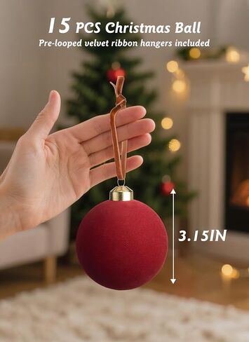 Brightown 15 Pcs Red Velvet Christmas Balls, 3.15 Inch Velvet Ornaments for Christmas Tree, Christma Tree Flocked Ornaments Balls for Family Holiday Wedding Party Xmas Hanging Decoration in Saudi Arabia