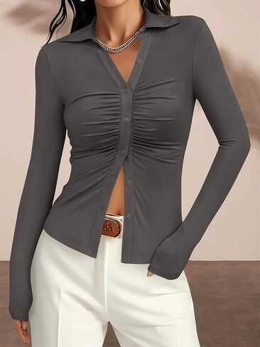 Prettygarden Womens زر أسفل القمصان v الرقبة collared ruched slim fit قميص طويل الأكمام in Saudi Arabia