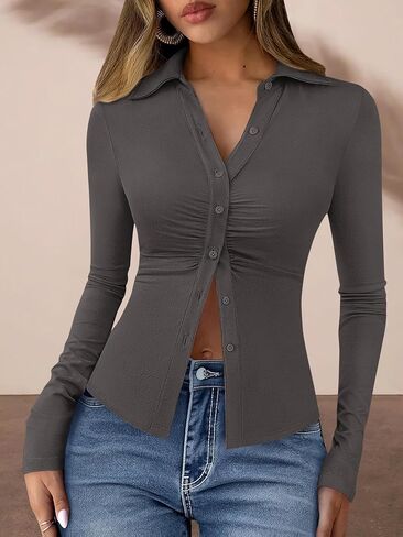 Prettygarden Womens زر أسفل القمصان v الرقبة collared ruched slim fit قميص طويل الأكمام in Saudi Arabia