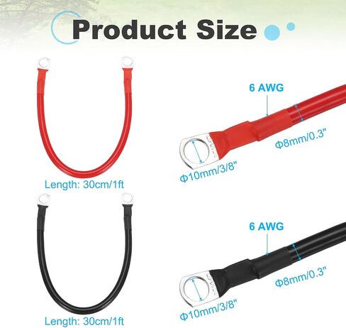 MECCANIXITY 2PCS 6AWG Gauge Battery Cable Wire 1ft Length 3/8" Diameter Positive and Negative Copper Alternator Connector Extender with SC Terminals for Car RV Golf Cart Marine, Red Black in Saudi Arabia