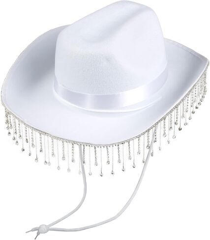 Rhinestone Tassel Cowgirl Hat, Western Womens White Cowboy Hats Elegant Cow Girl Sun Hat Cowboy Accessories for Women in Saudi Arabia