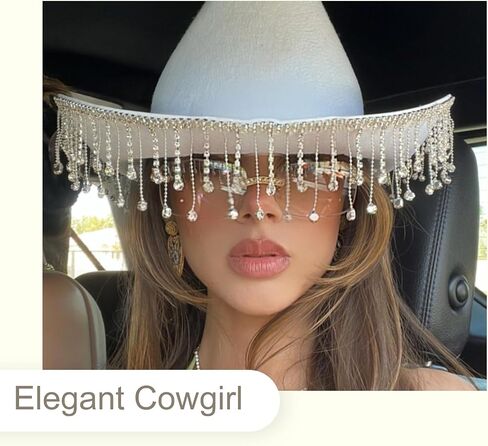 Rhinestone Tassel Cowgirl Hat, Western Womens White Cowboy Hats Elegant Cow Girl Sun Hat Cowboy Accessories for Women in Saudi Arabia
