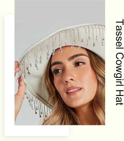 Rhinestone Tassel Cowgirl Hat, Western Womens White Cowboy Hats Elegant Cow Girl Sun Hat Cowboy Accessories for Women in Saudi Arabia