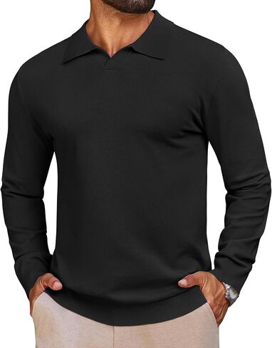 Lexiart Mens القمصان البولو متماسكة الأكمام الطويلة v الرقبة تنفس ناعم ناعم خفيف الوزن صلبة القمصان الجولف in Kuwait