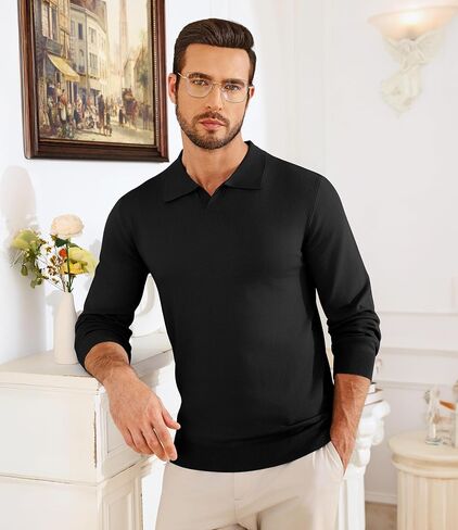 Lexiart Mens القمصان البولو متماسكة الأكمام الطويلة v الرقبة تنفس ناعم ناعم خفيف الوزن صلبة القمصان الجولف in Kuwait