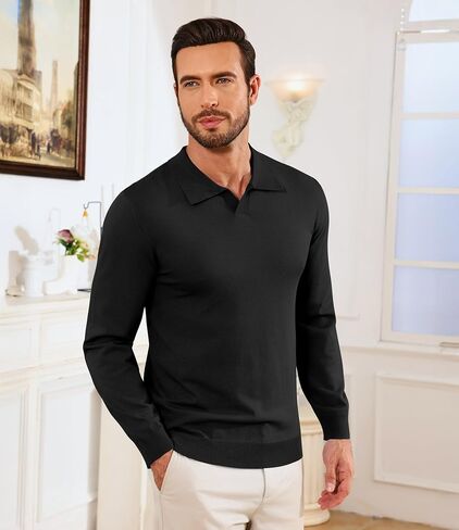 Lexiart Mens القمصان البولو متماسكة الأكمام الطويلة v الرقبة تنفس ناعم ناعم خفيف الوزن صلبة القمصان الجولف in Kuwait