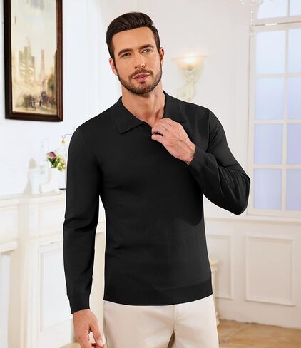 Lexiart Mens القمصان البولو متماسكة الأكمام الطويلة v الرقبة تنفس ناعم ناعم خفيف الوزن صلبة القمصان الجولف in Kuwait