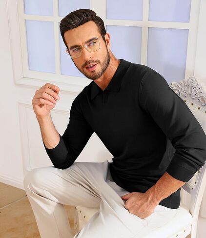 Lexiart Mens القمصان البولو متماسكة الأكمام الطويلة v الرقبة تنفس ناعم ناعم خفيف الوزن صلبة القمصان الجولف in Kuwait