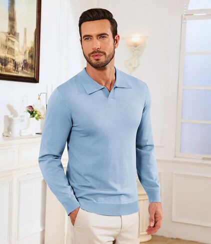 Lexiart Mens القمصان البولو متماسكة الأكمام الطويلة v الرقبة تنفس ناعم ناعم خفيف الوزن صلبة القمصان الجولف in Kuwait