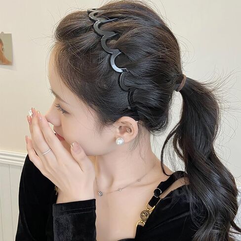 Wave Headbands Solid Color Toothed Non-slip Sports Hairband for Women Face Wash Hair Accessories,Black in Saudi Arabia