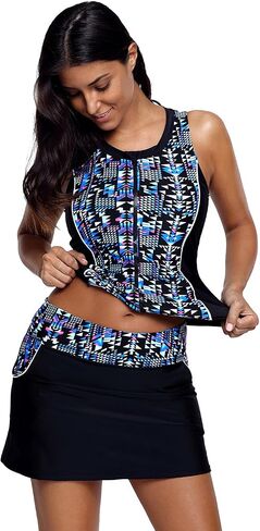 Meufam Women Two Pieces Bathing Suits Print Padded Push Up Zipper Tankini Swimsuits with Skirt Bottom Tankini Set in Saudi Arabia