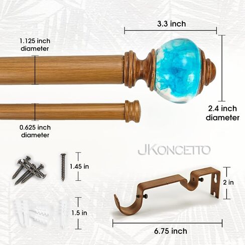 1-1/8 Inch Double Curtain Rods 72 to 144 Inches Adjustable Drapery Rods for Window width 68 to 140 Inches, Aqua Cyan Misty Clear Finials, White in Saudi Arabia