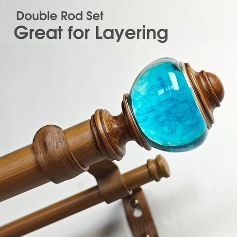 1-1/8 Inch Double Curtain Rods 72 to 144 Inches Adjustable Drapery Rods for Window width 68 to 140 Inches, Aqua Cyan Misty Clear Finials, White in Saudi Arabia