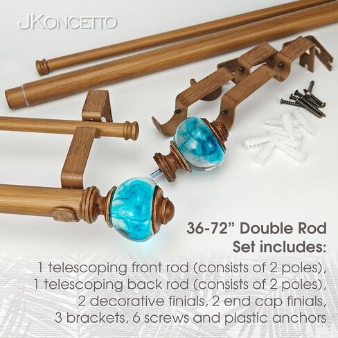1-1/8 Inch Double Curtain Rods 72 to 144 Inches Adjustable Drapery Rods for Window width 68 to 140 Inches, Aqua Cyan Misty Clear Finials, White in Saudi Arabia