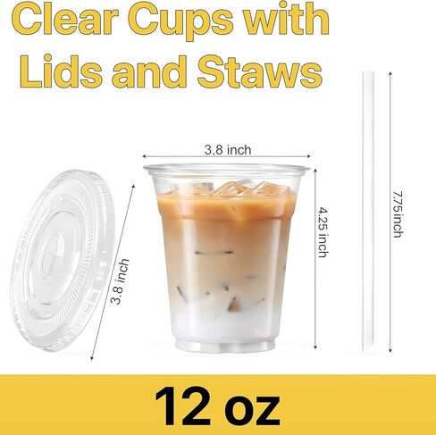 Plastic Clear Cups 16 oz with Lids and Straws 100 Set Disposable Cold Beverage Drinking Iced Coffee Water Juice Tea Party Travel Cafe Restaurant School Office Home Kitchen (100 Set, 16 oz) in Kuwait