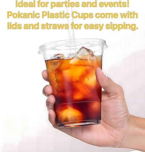 Plastic Clear Cups 16 oz with Lids and Straws 100 Set Disposable Cold Beverage Drinking Iced Coffee Water Juice Tea Party Travel Cafe Restaurant School Office Home Kitchen (100 Set, 16 oz) in Kuwait