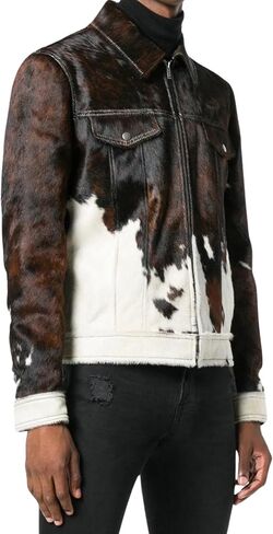 Men's Real Cow Hair on Leather Jacket, Cow Skin Print Pony Skin Coat, Casual in Saudi Arabia