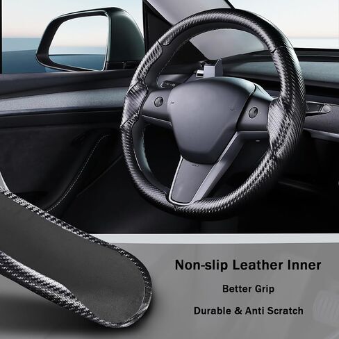 Steering Wheel Cover for 2017-2023 Tesla Model 3 2020-2024 Tesla Model Y, Leather Steering Wheel Cover for Tesla Model 3/Y Accessories, Black in Saudi Arabia