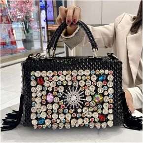 Women's Handbag Leather Tassel Rhinestone Large Capacity Female Shoulder Crossbody Bags(Black) in Kuwait