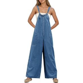Women's Slouchy Denim Overalls Wide Leg Jumpsuit Casual Adjustable Tie Back Backless Jean Rompers with Pockets in Saudi Arabia