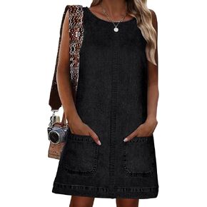 Womens Sleeveless Casual Denim Dress - Summer Crewneck Vintage Loose Jean Romper Overall Dress with Pockets in Kuwait