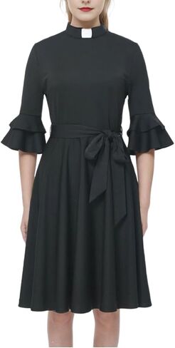 Church Priest Clergy Dress for Women Tab Collar Double Layer Flared Sleeve Dresses Black in Saudi Arabia