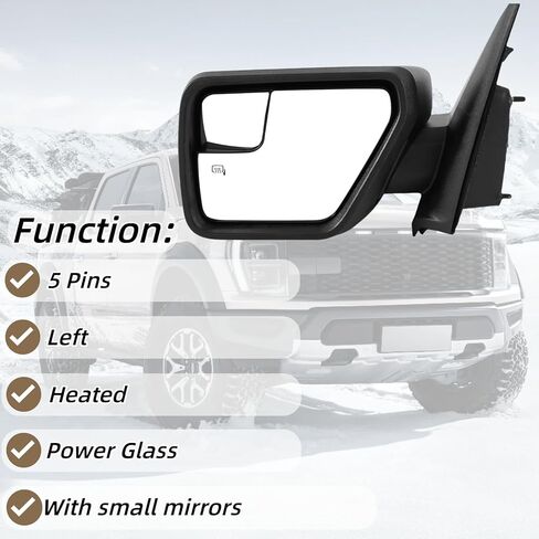 مرآة الباب الجانبي الأيسر 5 دبابيس لفورد F150 2021 2022 2023 2024 مع زجاج الطاقة الساخن وزجاج محدب استبدال ML3Z17683UA in Kuwait