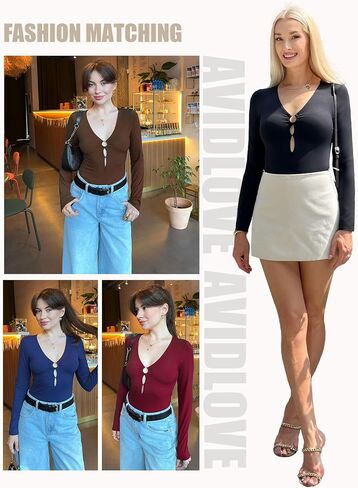Avidlove الأكمام طويلة الأكمام للنساء المثير قطع قطع Deep v الرقبة ثونغ bodysuit خط مزدوج الخروج من قمم O الحلقة in Saudi Arabia