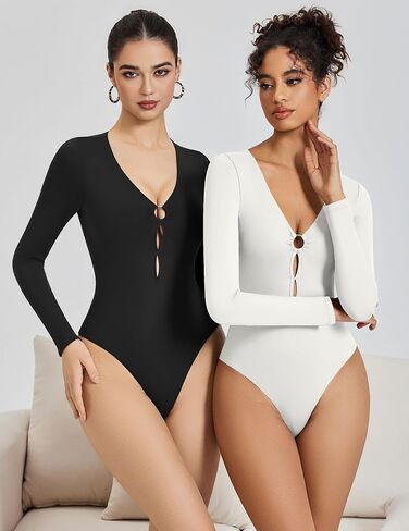 Avidlove الأكمام طويلة الأكمام للنساء المثير قطع قطع Deep v الرقبة ثونغ bodysuit خط مزدوج الخروج من قمم O الحلقة in Saudi Arabia