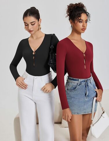 Avidlove الأكمام طويلة الأكمام للنساء المثير قطع قطع Deep v الرقبة ثونغ bodysuit خط مزدوج الخروج من قمم O الحلقة in Saudi Arabia