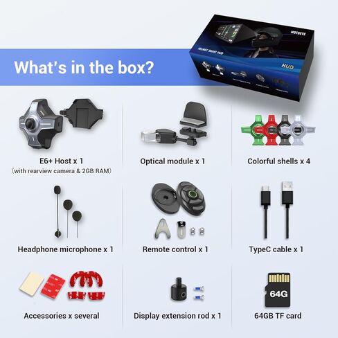 E6 خوذة دراجة نارية HUD، شاشة عرض رأسية، بلوتوث، نظام تحديد المواقع العالمي، CarPlay، Android Auto، اتصال داخلي شبكي، كاميرا الرؤية الخلفية، جهاز التحكم عن بعد، تقليل الضوضاء، أضواء RGB، IP66 لجميع الخوذات in Kuwait