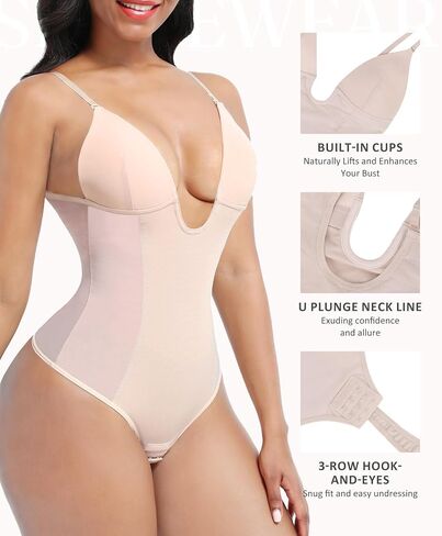FeelinGirl Women's Tummy Control Shapewear Bodysuit Deep U Neck Thong Body shaper Seamless Slimming Shapewear in Saudi Arabia