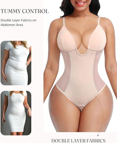 FeelinGirl Women's Tummy Control Shapewear Bodysuit Deep U Neck Thong Body shaper Seamless Slimming Shapewear in Saudi Arabia