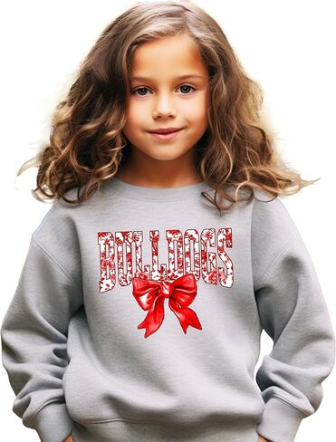 Olive Loves Apple Trendy Bulldogs Sweatshirt for Women and Youth Girls Red Bow School Football Team Spirit Sweater in Saudi Arabia
