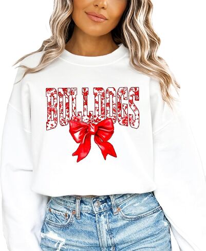 Olive Loves Apple Trendy Bulldogs Sweatshirt for Women and Youth Girls Red Bow School Football Team Spirit Sweater in Saudi Arabia