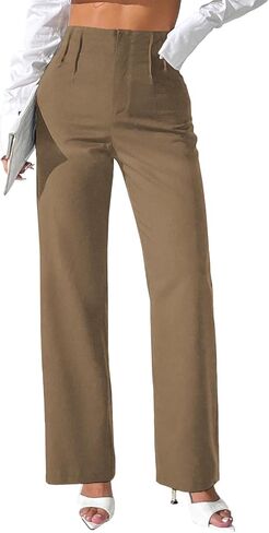 Pink Queen Women's Pleated Dress Pants Elastic High Waist Straight Leg Office Slacks Pull On Business Casual Trousers Pants in Saudi Arabia