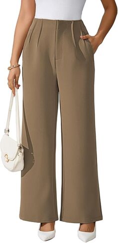 Pink Queen Women's Pleated Dress Pants Elastic High Waist Straight Leg Office Slacks Pull On Business Casual Trousers Pants in Saudi Arabia