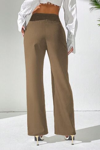 Pink Queen Women's Pleated Dress Pants Elastic High Waist Straight Leg Office Slacks Pull On Business Casual Trousers Pants in Saudi Arabia