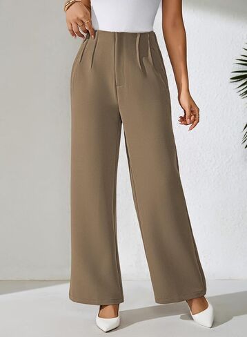 Pink Queen Women's Pleated Dress Pants Elastic High Waist Straight Leg Office Slacks Pull On Business Casual Trousers Pants in Saudi Arabia