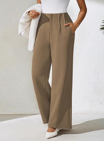 Pink Queen Women's Pleated Dress Pants Elastic High Waist Straight Leg Office Slacks Pull On Business Casual Trousers Pants in Saudi Arabia