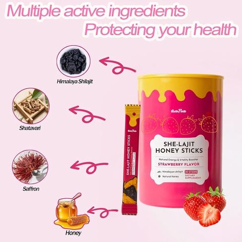 Shilajit Honey Sticks for Women Strawberry Honey Sticks | Shilajit for Women | Natural Energy & Vitality Booster with Shatavari & Saffron for Hormonal Balance, Focus & Stamina – 30 Sticks (Pack of 1) in Saudi Arabia
