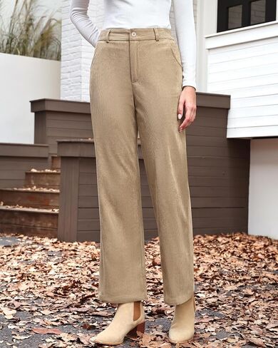 LookbookStore Corduroy Pants for Women High Waisted Wide Leg Elastic Waist Casual Work Pants Fall Trousers with Pockets in Saudi Arabia