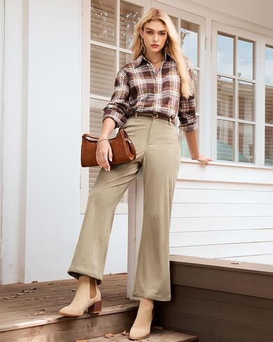 LookbookStore Corduroy Pants for Women High Waisted Wide Leg Elastic Waist Casual Work Pants Fall Trousers with Pockets in Saudi Arabia