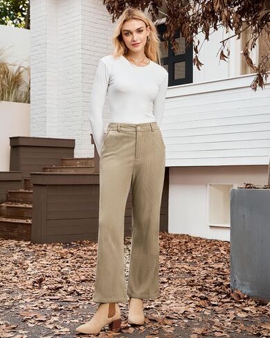 LookbookStore Corduroy Pants for Women High Waisted Wide Leg Elastic Waist Casual Work Pants Fall Trousers with Pockets in Saudi Arabia
