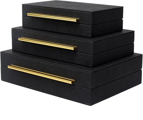 Faux Shagreen Leather Jewelry Boxes Set of 2 with Gold Handles, Decorative Organizer Storage Box for Rings, Earrings, Watches, Dresser, Vanity, Stackable, Black in Kuwait