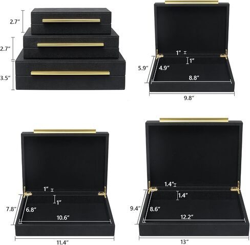 Faux Shagreen Leather Jewelry Boxes Set of 2 with Gold Handles, Decorative Organizer Storage Box for Rings, Earrings, Watches, Dresser, Vanity, Stackable, Black in Kuwait