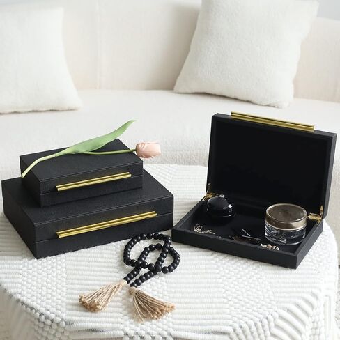 Faux Shagreen Leather Jewelry Boxes Set of 2 with Gold Handles, Decorative Organizer Storage Box for Rings, Earrings, Watches, Dresser, Vanity, Stackable, Black in Kuwait