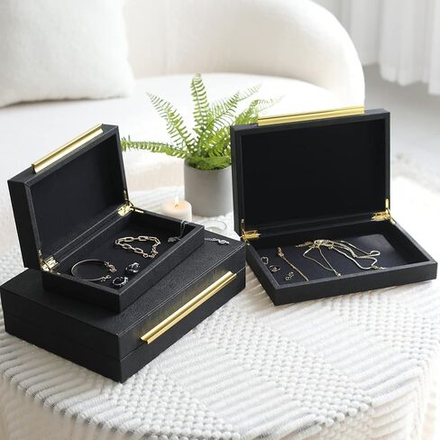 Faux Shagreen Leather Jewelry Boxes Set of 2 with Gold Handles, Decorative Organizer Storage Box for Rings, Earrings, Watches, Dresser, Vanity, Stackable, Black in Kuwait